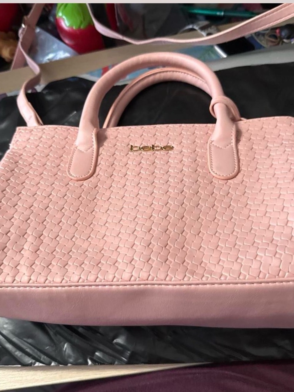 bebe Pink Woven Satchel with Top Handles